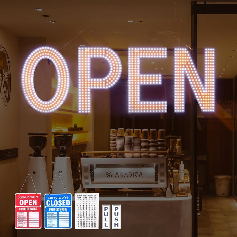 Thirdpolite علامة مفتوحة للأعمال، 40"x14" علامات LED كبيرة قابلة للتعتيم مع تركيب معلق للمقاهي والمتاجر والمطاعم والمكاتب والحانات والبارات والفنادق وصالونات الشعر باللون الأبيض الدافئ - Image 1